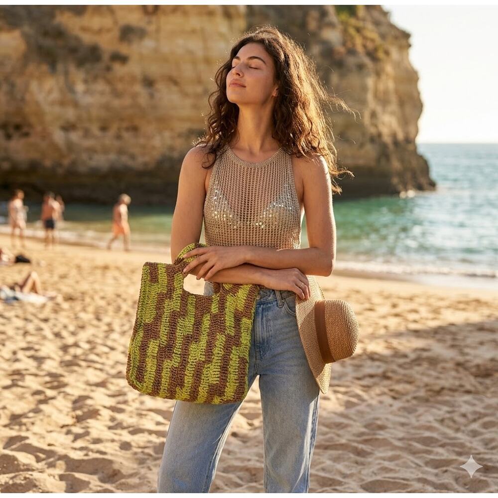 Free People Raffia Woven Tote Bag Yellow Tan Striped Boho Beach